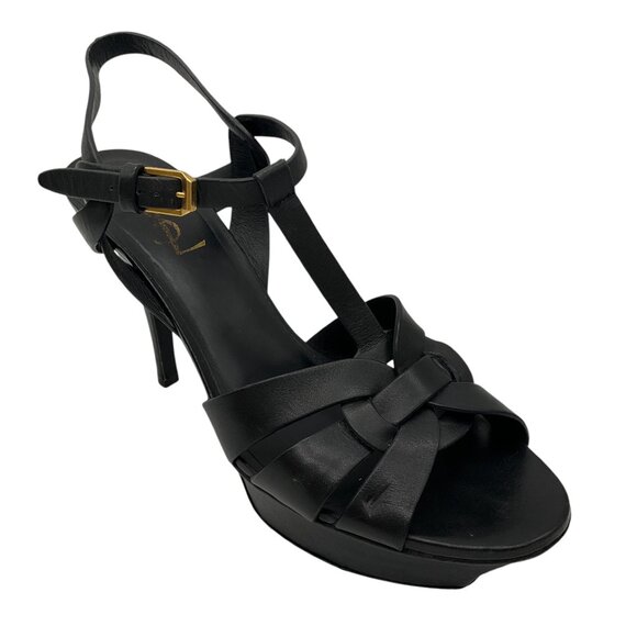 Saint Laurent Black Smooth Leather Tribute Platform Sandals